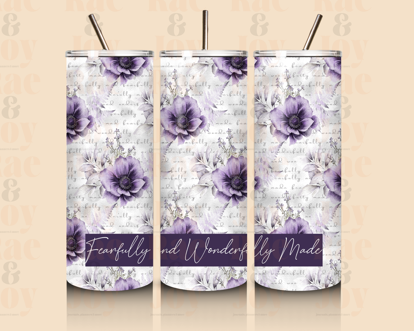 Fearfully And Wonderfully Made 20 Oz Purple Floral Insulated Tumbler With Lid Non-Personalized