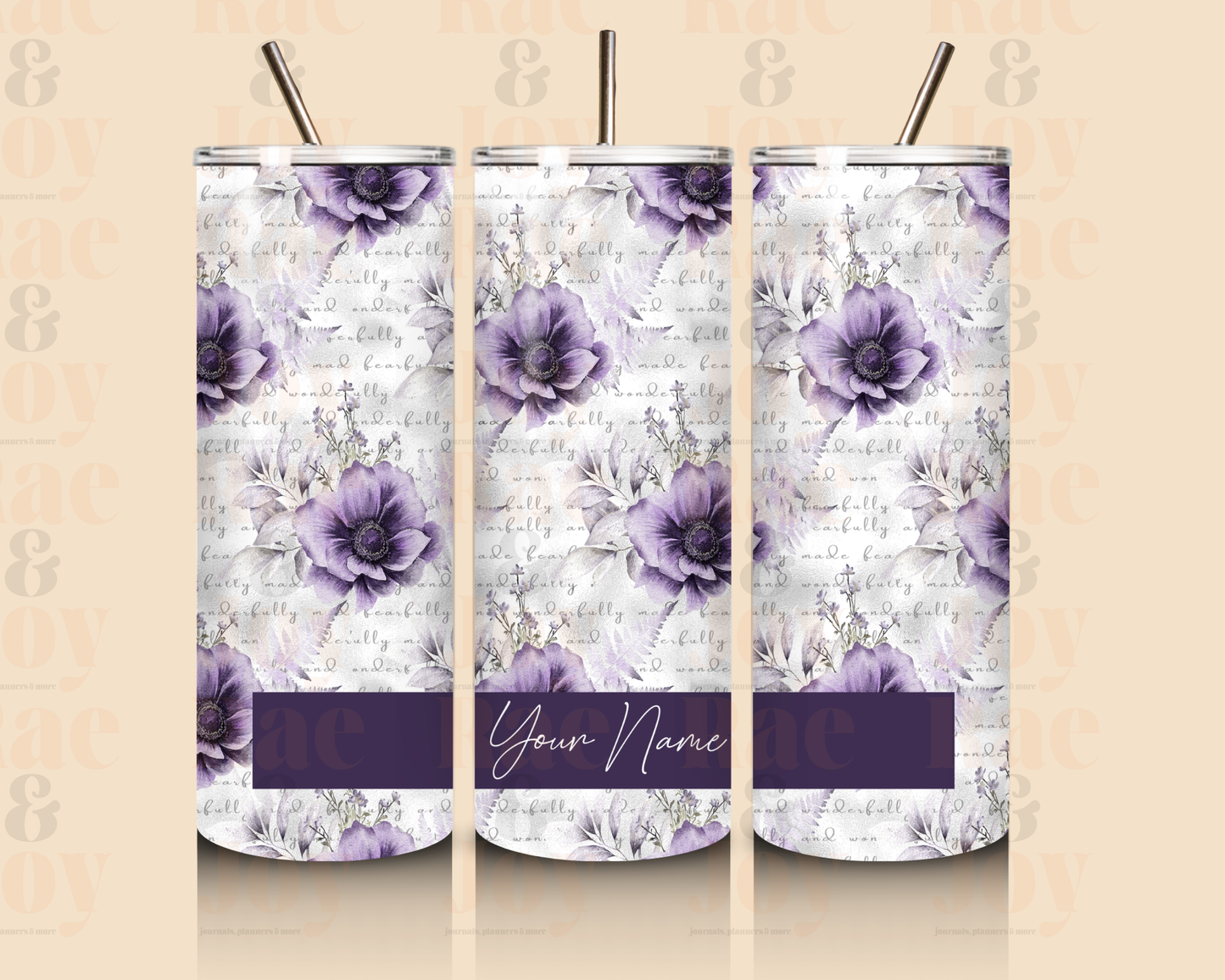 Fearfully And Wonderfully Made 20 Oz Purple Floral Insulated Tumbler With Lid Personalized