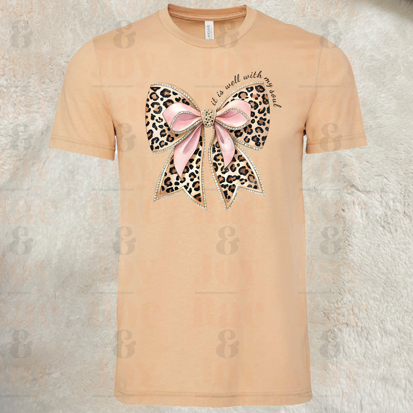 It Is Well With My Soul – Leopard Bow Christian T-Shirt – Bella + Canvas 3001 Sand Dune / S T-Shirts