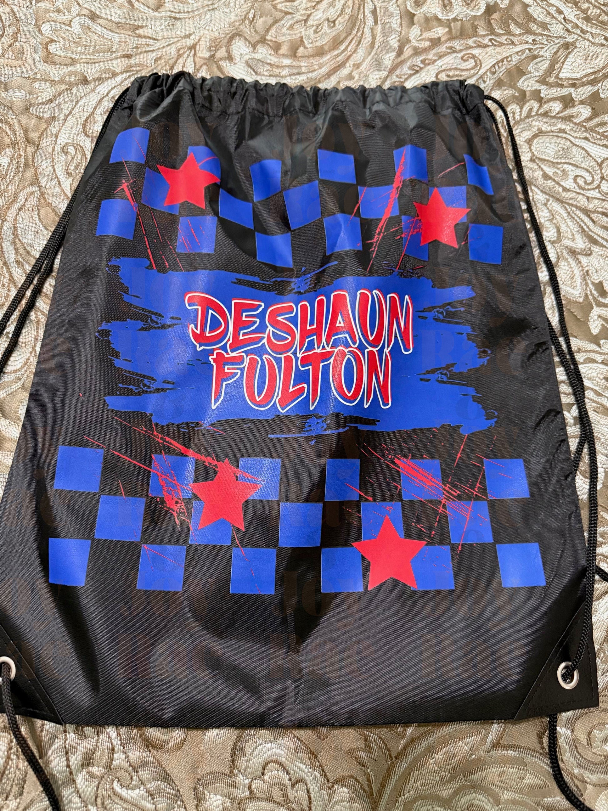 Personalized Sports Drawstring Bag – Custom Name Spike Bag with Checkerboard & Star Design Tote Bags