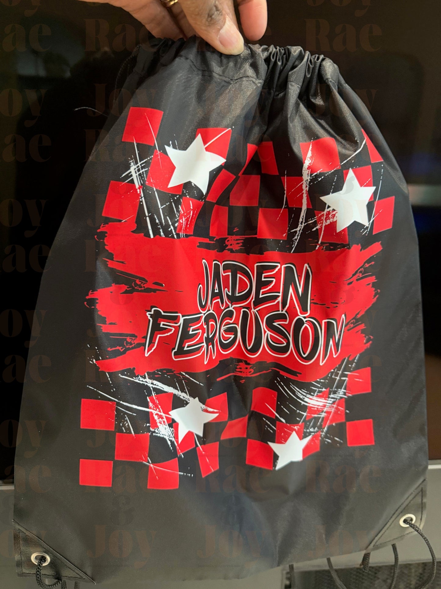 Personalized Sports Drawstring Bag – Custom Name Spike Bag with Checkerboard & Star Design Tote Bags