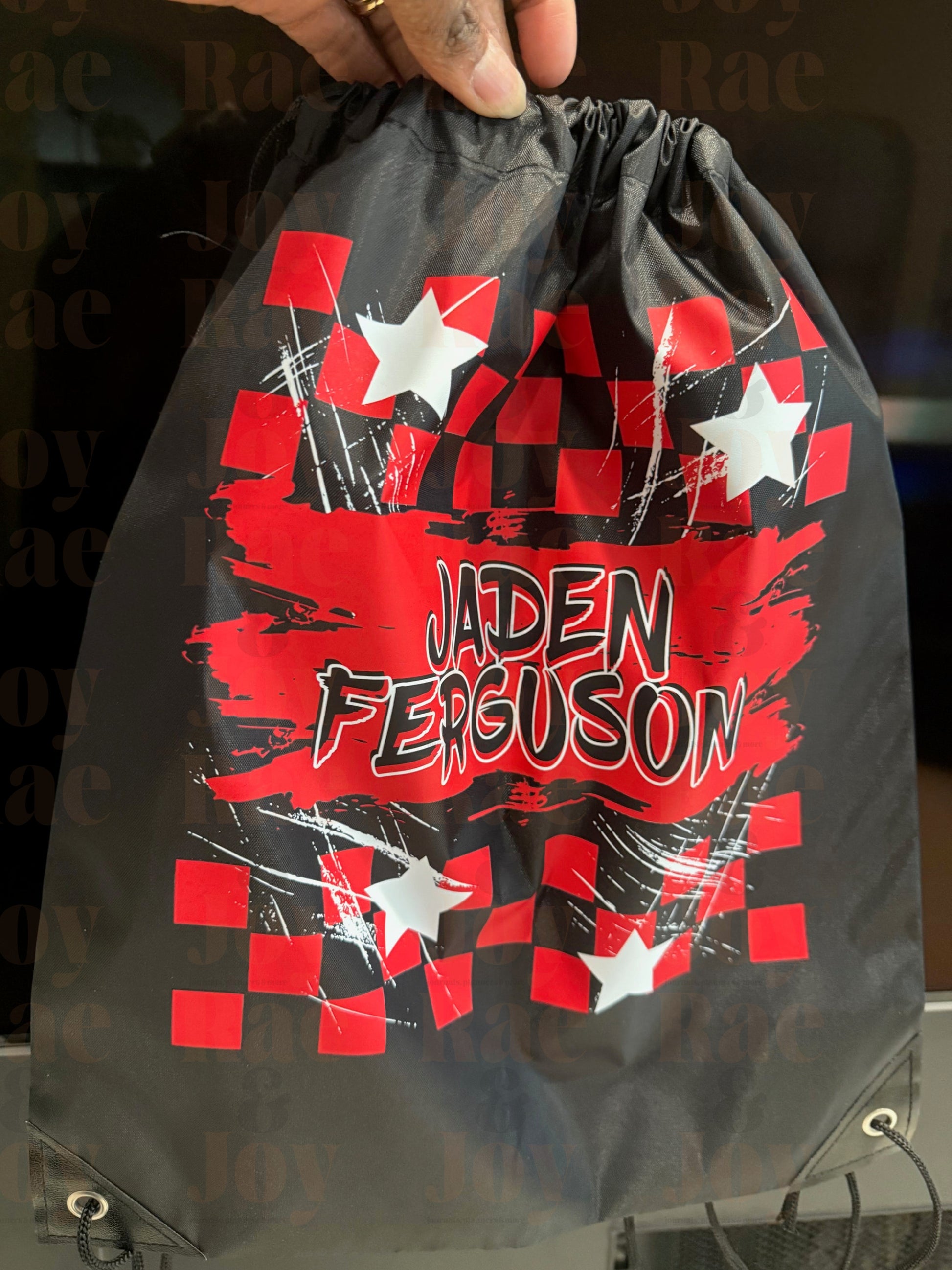 Personalized Sports Drawstring Bag – Custom Name Spike Bag with Checkerboard & Star Design Tote Bags