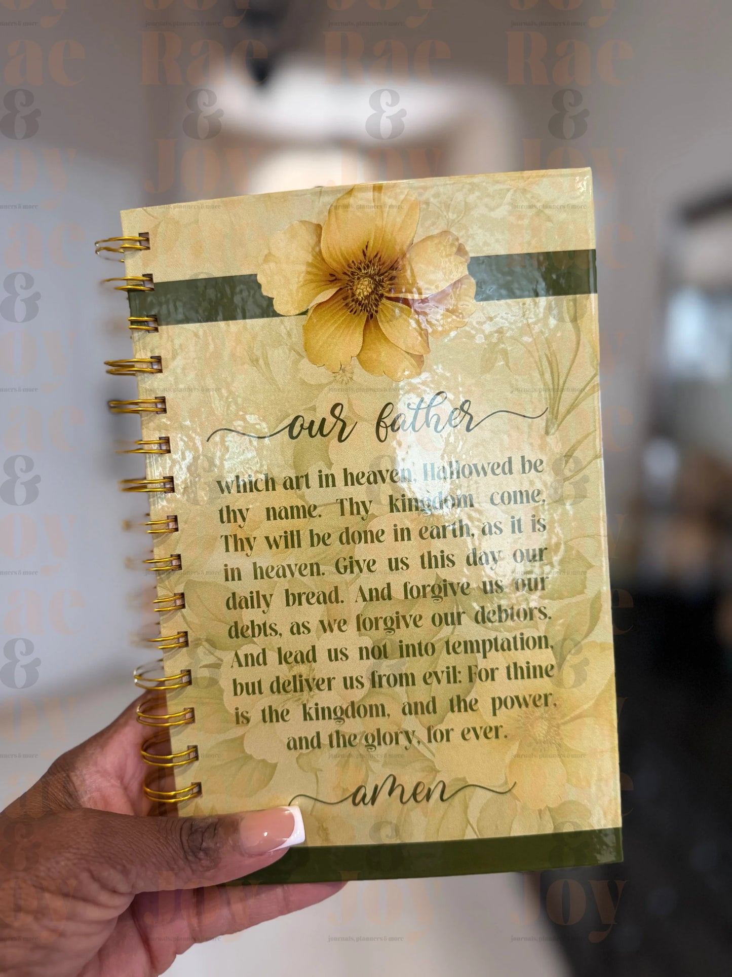 Notebook with floral design and text Lord's Prayer Green and Yellow