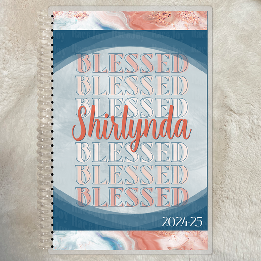 'Blessed' 2024 Monthly Planner | Goal Tracking, Affirmations | Customizable | Shades of Blue and Blush Marble Design - Rae & Joy Journals, Planners & More