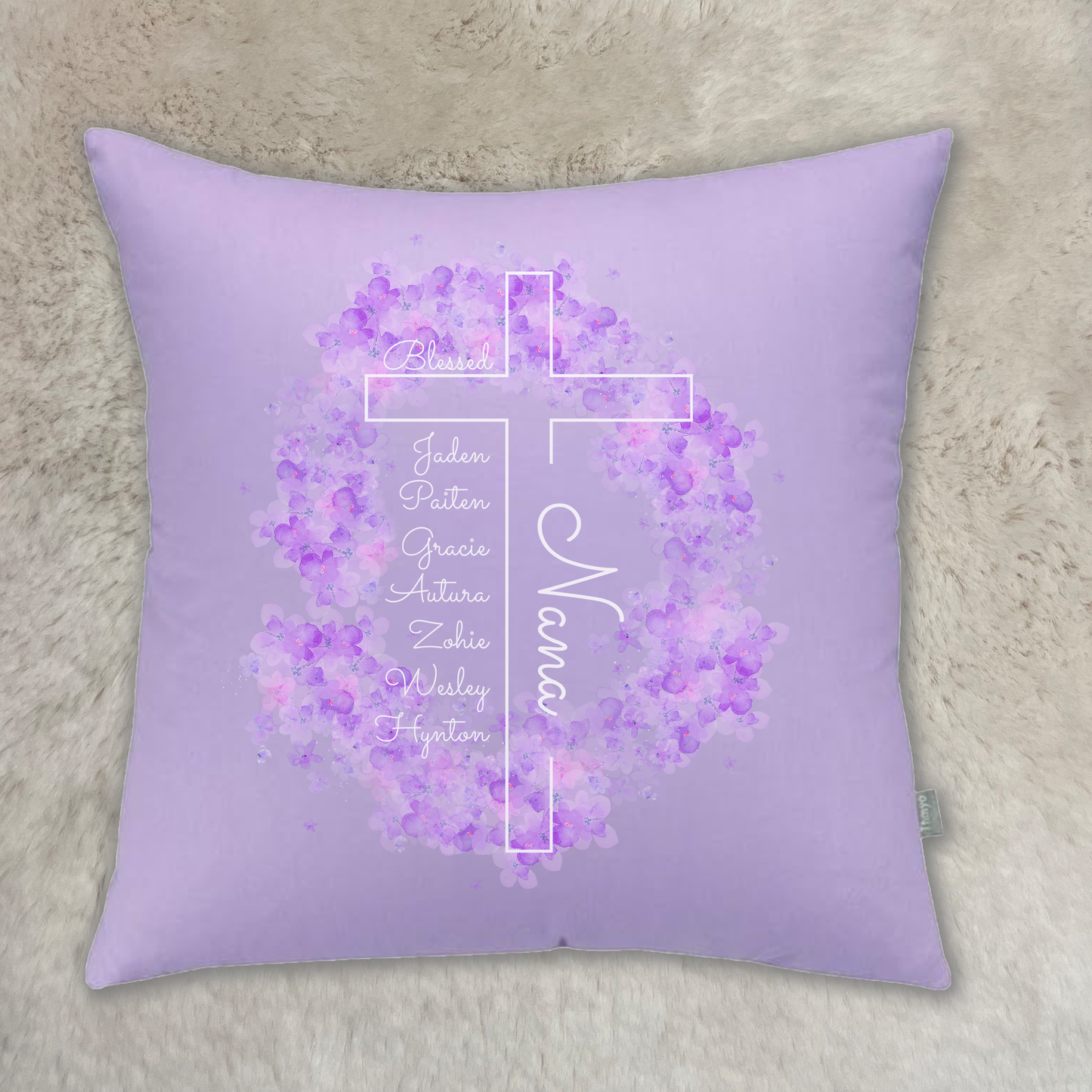 Personalized Blessed Cross Floral Pillow Cover – Custom Mother’s Day Gift for Mom, Nana, Grandma, Aunt – Two Sizes Available – Cotton Lavender Case