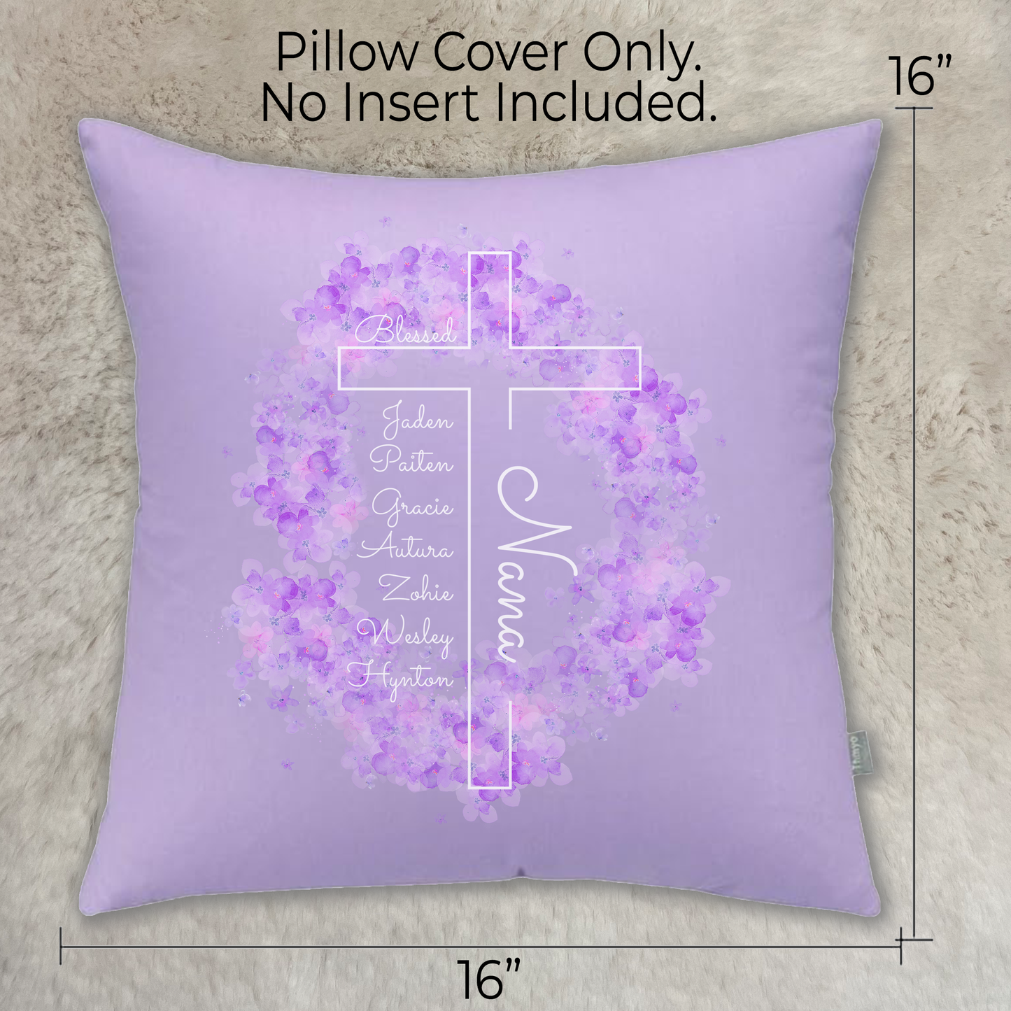 Personalized Blessed Cross Floral Pillow Cover – Custom Mother’s Day Gift for Mom, Nana, Grandma, Aunt – Two Sizes Available – Cotton Lavender Case