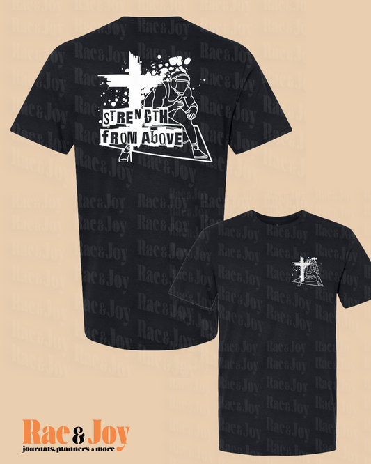 Black short-sleeve t-shirt shown from the back and front. The back features a large white graphic of a basketball player and the text 'STRENGTH FROM ABOVE'.