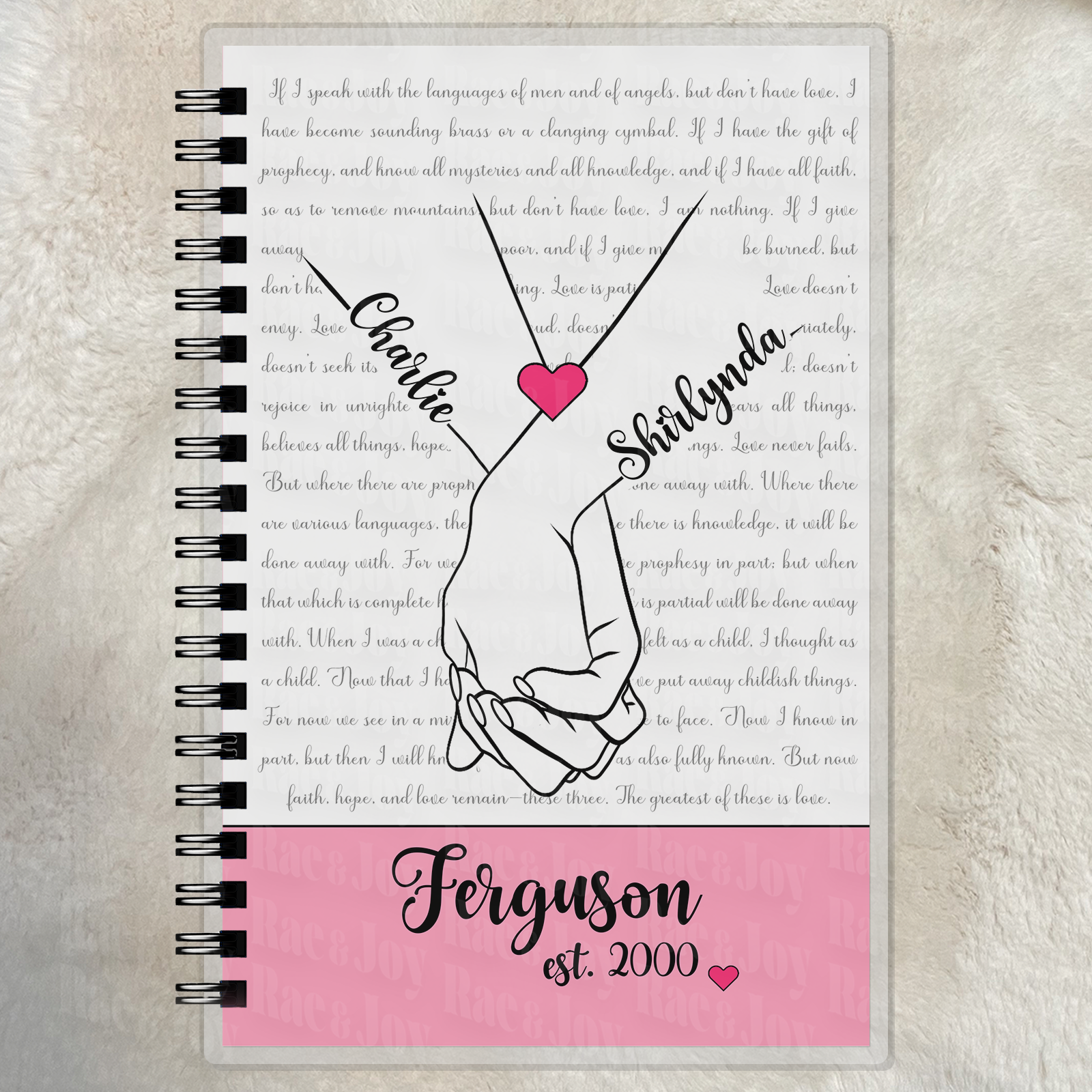 First Corinthians Thirteen Personalized Pink Love Journal – Custom Couples Christian Notebook