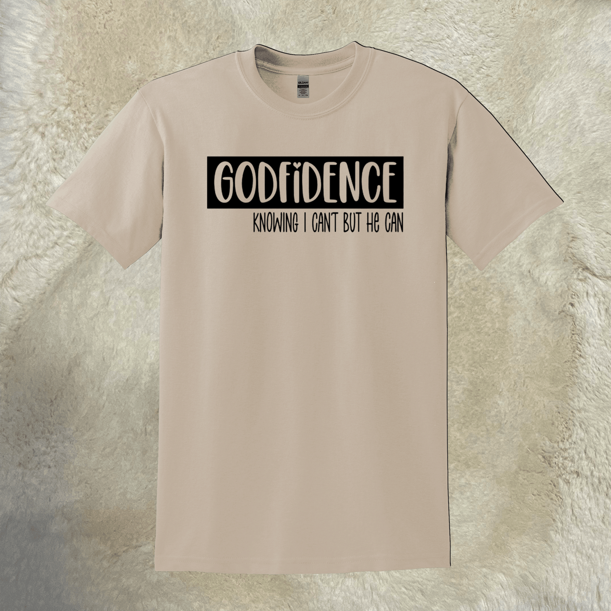 Godfidence T-Shirt - Sand Gildan DryBlend® with Black Lettering, Sizes up to 3X - Rae & Joy Journals, Planners & More