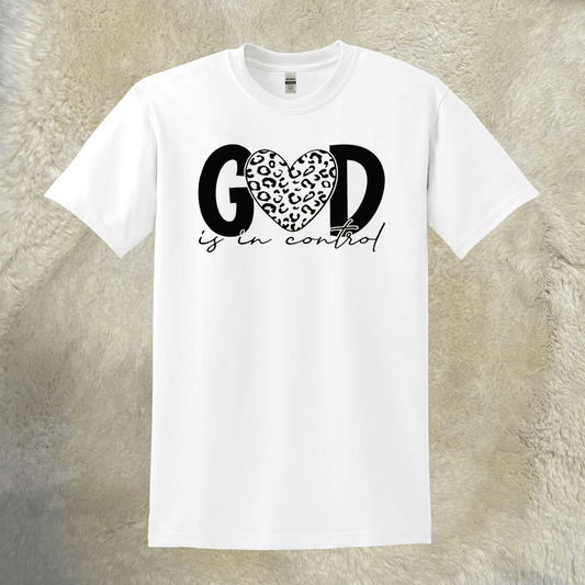 God is in Control T-Shirt - White Gildan DryBlend® with Black and Animal Print Lettering, Sizes up to 3X - Rae & Joy Journals, Planners & More