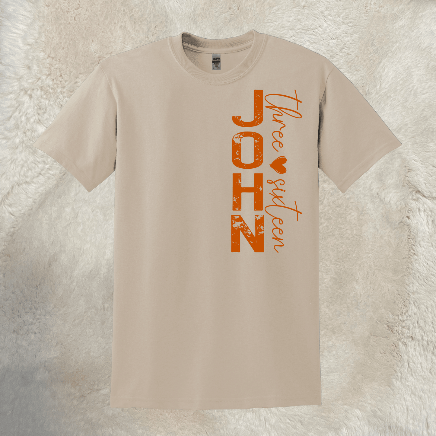 John Three Sixteen Christian T-Shirt - Sand Gildan DryBlend® with Texas Orange Lettering, Sizes up to 3X - Rae & Joy Journals, Planners & More