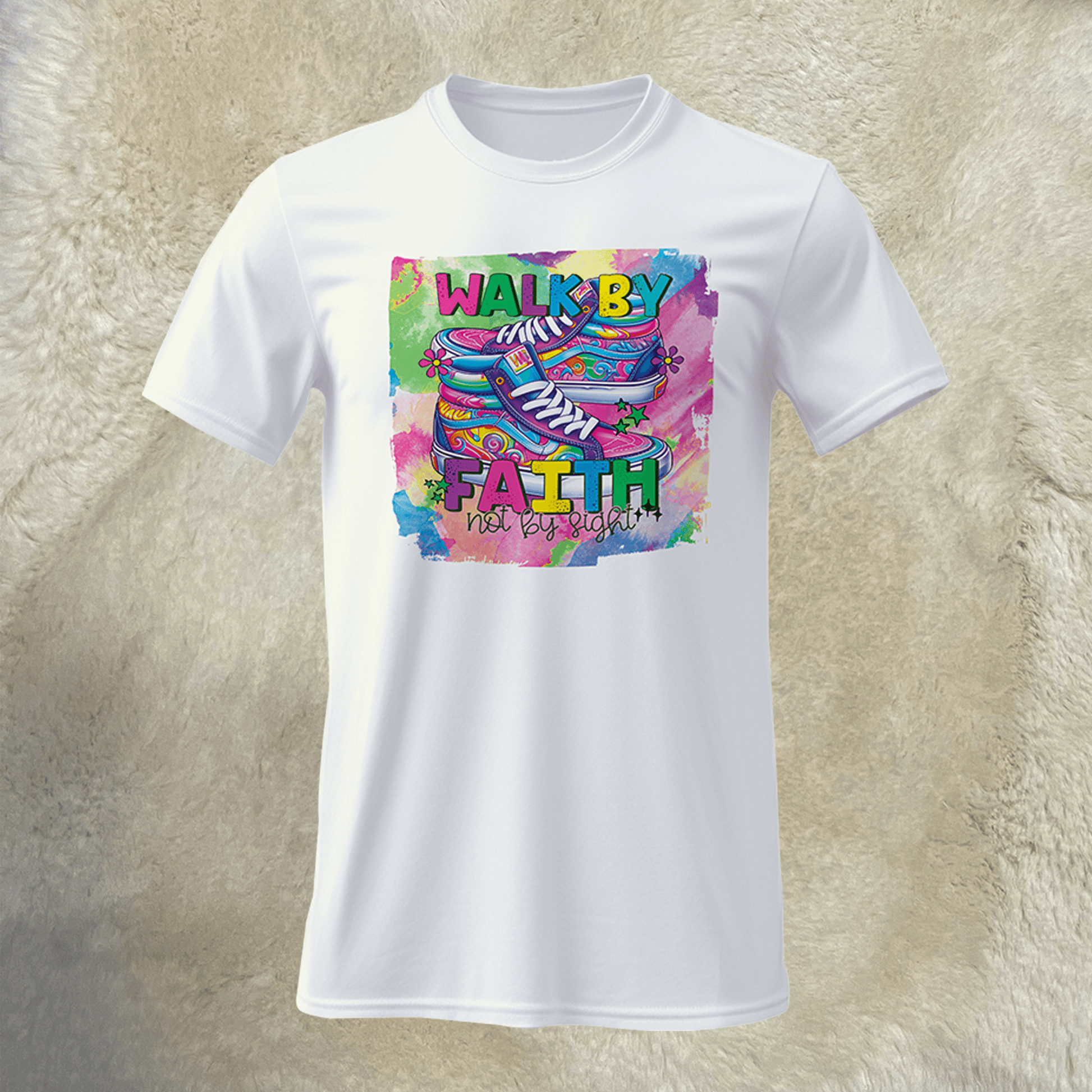 Walk by Faith T-Shirt - White A4 100% Polyester with Vibrant Abstract Design, Sizes up to 3X - Rae & Joy Journals, Planners & More