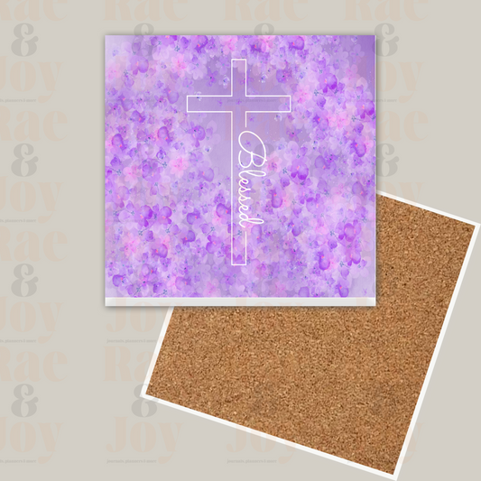 Blessed Cross Floral Ceramic Coaster – Christian Mother’s Day Gift for Mom Nana Grandma Aunt – 4x4” with Cork Backing