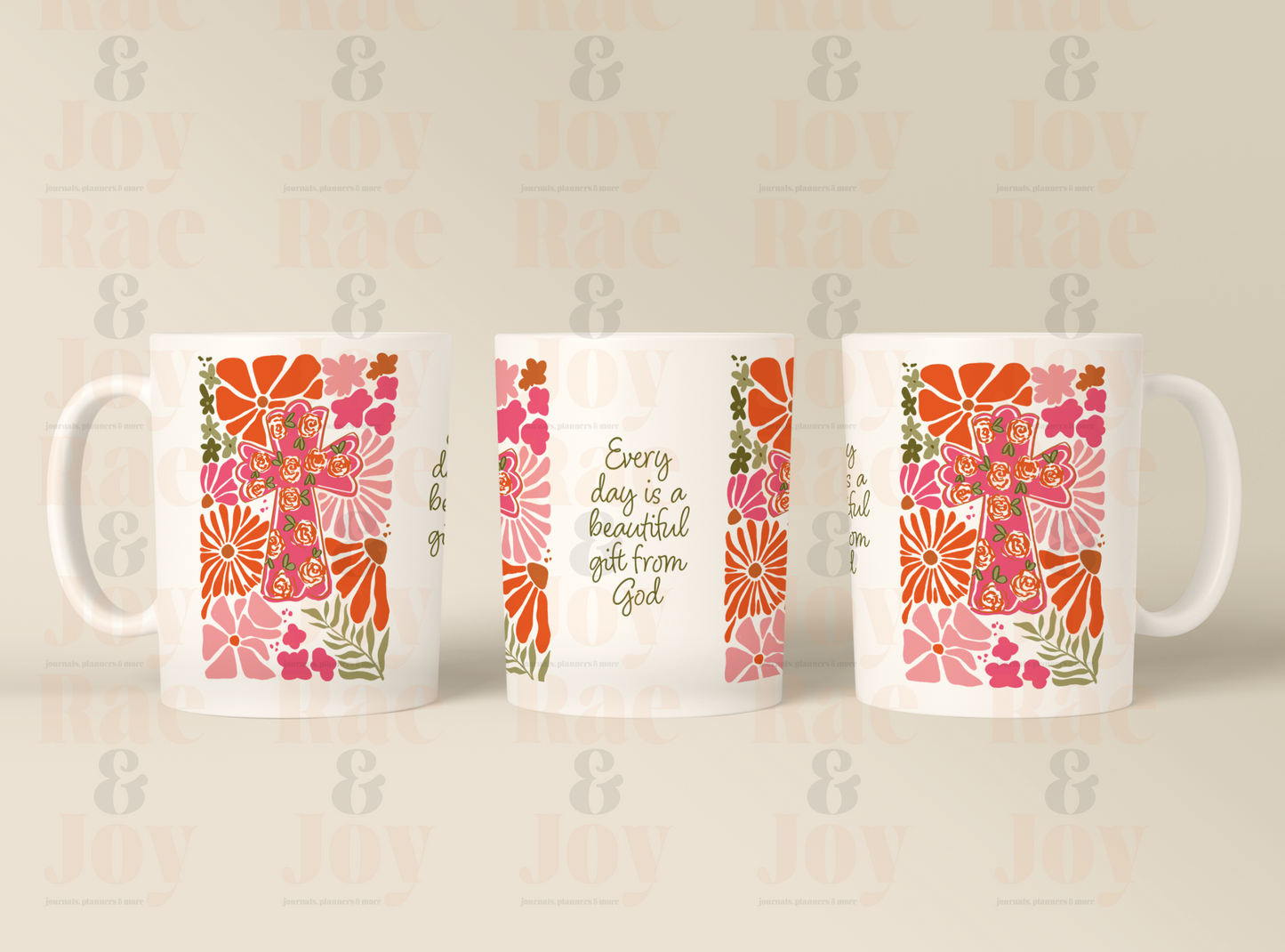 Christian Mug – Every Day is a Gift | 15 oz Ceramic | Floral Cross Design Mug