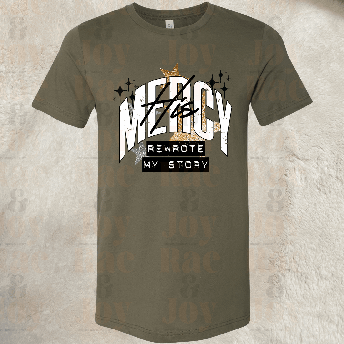 His Mercy Rewrote My Story – Christian T-Shirt – Bella+Canvas 3001 Unisex Tee Military Green