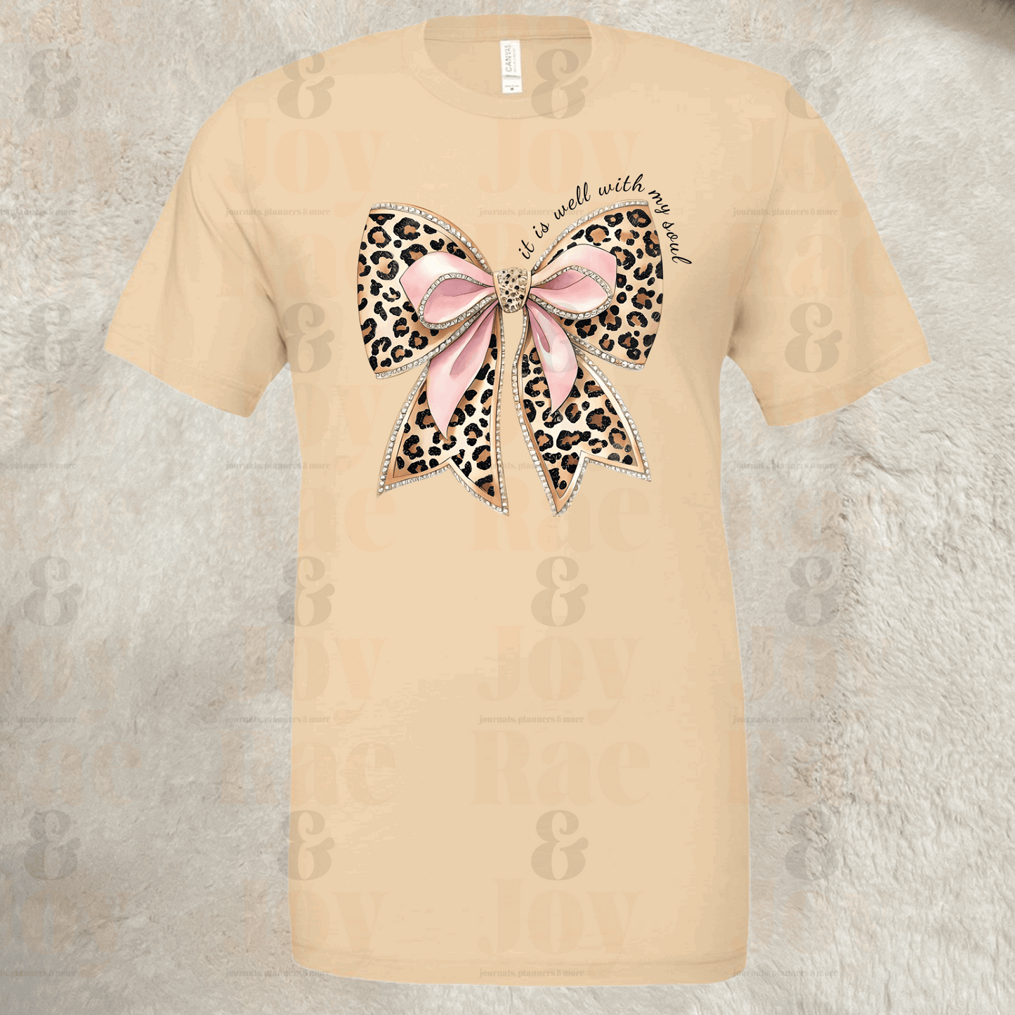 It Is Well With My Soul – Leopard Bow Christian T-Shirt – Bella+Canvas 3001 Soft Cream