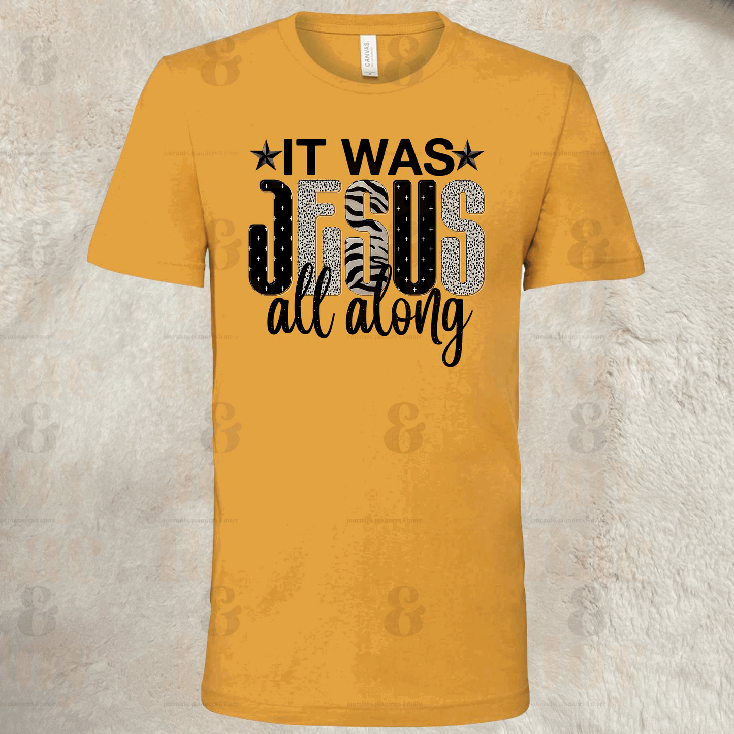 It Was Jesus All Along – Bold Christian T-Shirt – Bella+Canvas 3001 Unisex Tee Mustard