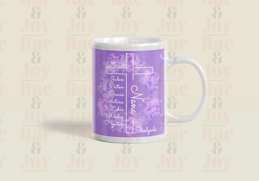 Personalized Blessed Cross Floral Mug – Custom Mother’s Day Gift for Mom Nana Grandma Aunt – 15 oz Ceramic Mug with