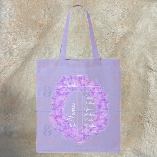 Personalized Blessed Cross Floral Tote Bag – Custom Mother’s Day Gift for Mom Nana Grandma Aunt – Lightweight Lavender