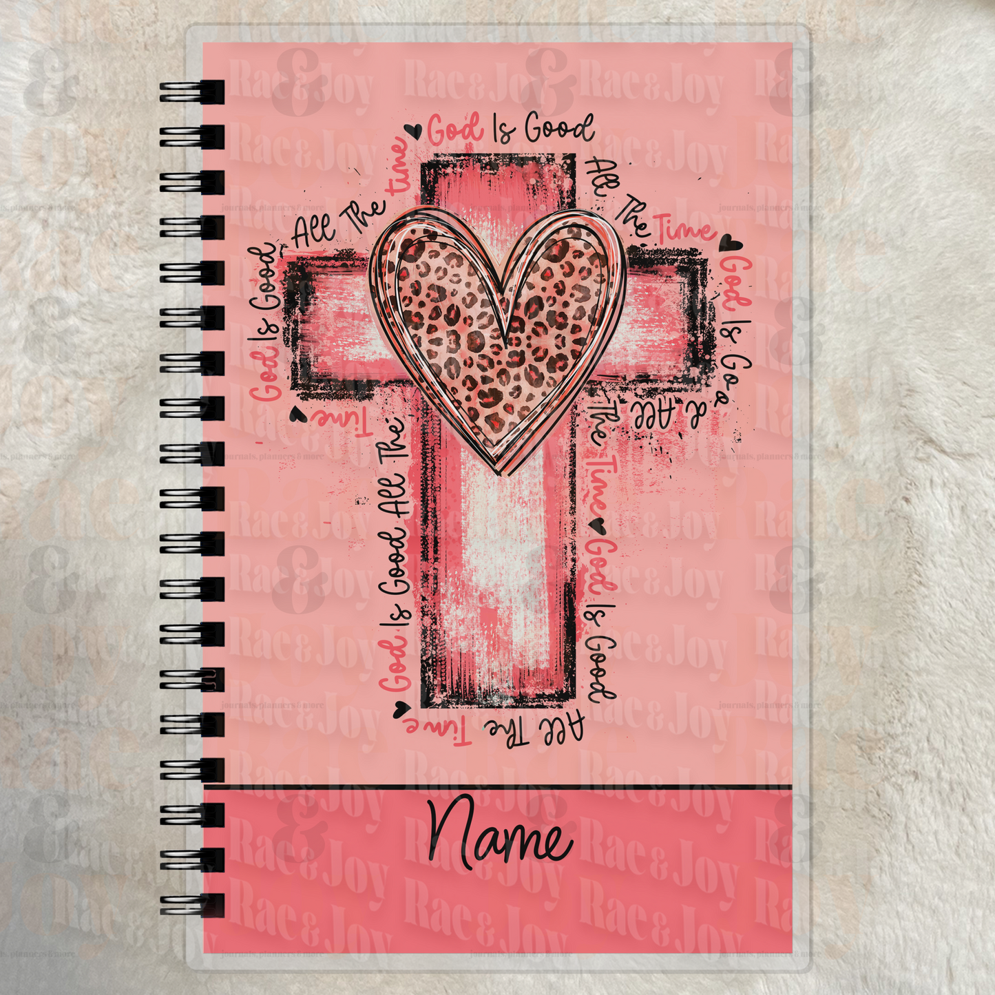 Personalized God Is Good Christian Journal – Salmon Pink Leopard Heart Cross Notebook, Faith Lined Journal with Name