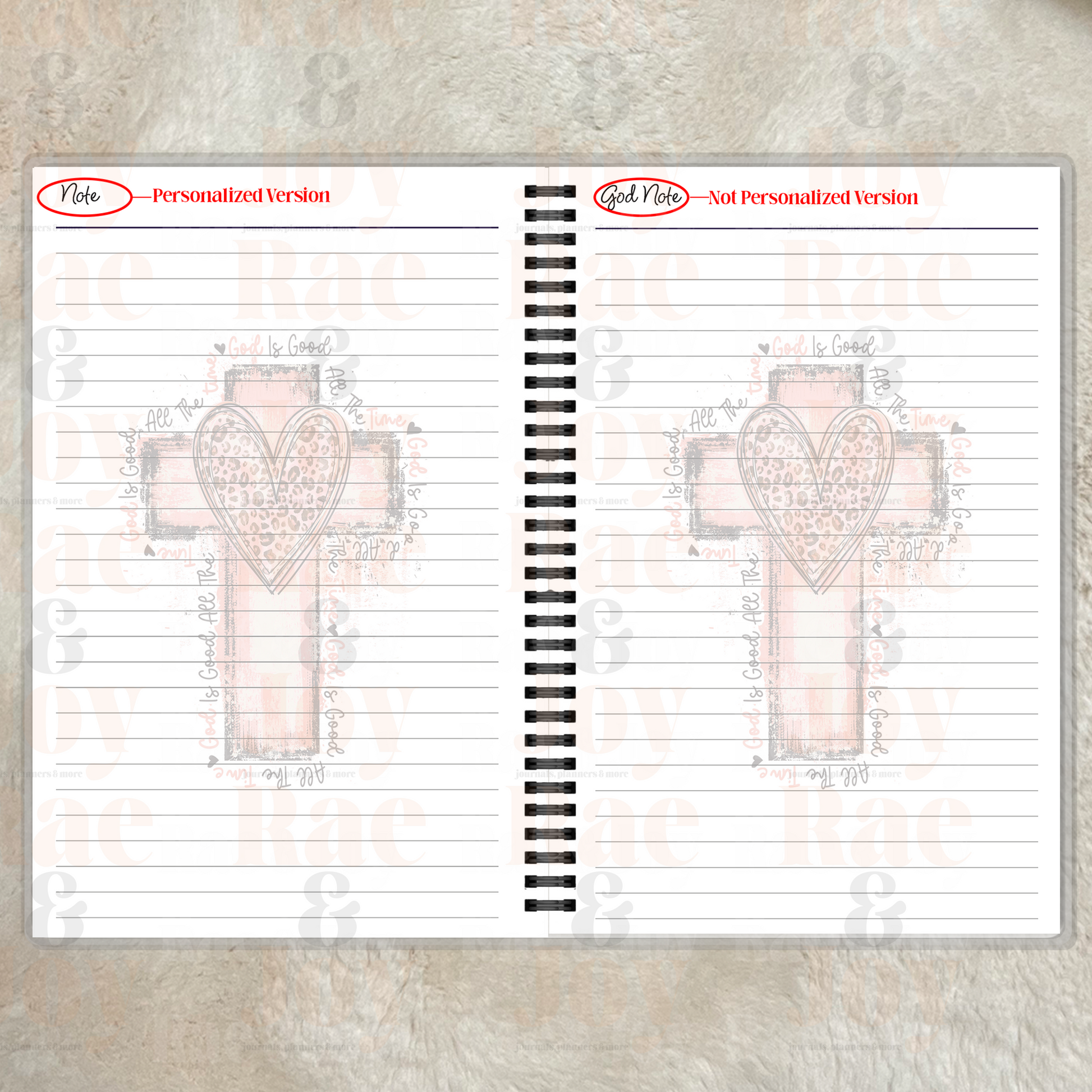 Personalized God Is Good Christian Journal – Salmon Pink Leopard Heart Cross Notebook, Faith Lined Journal with Name