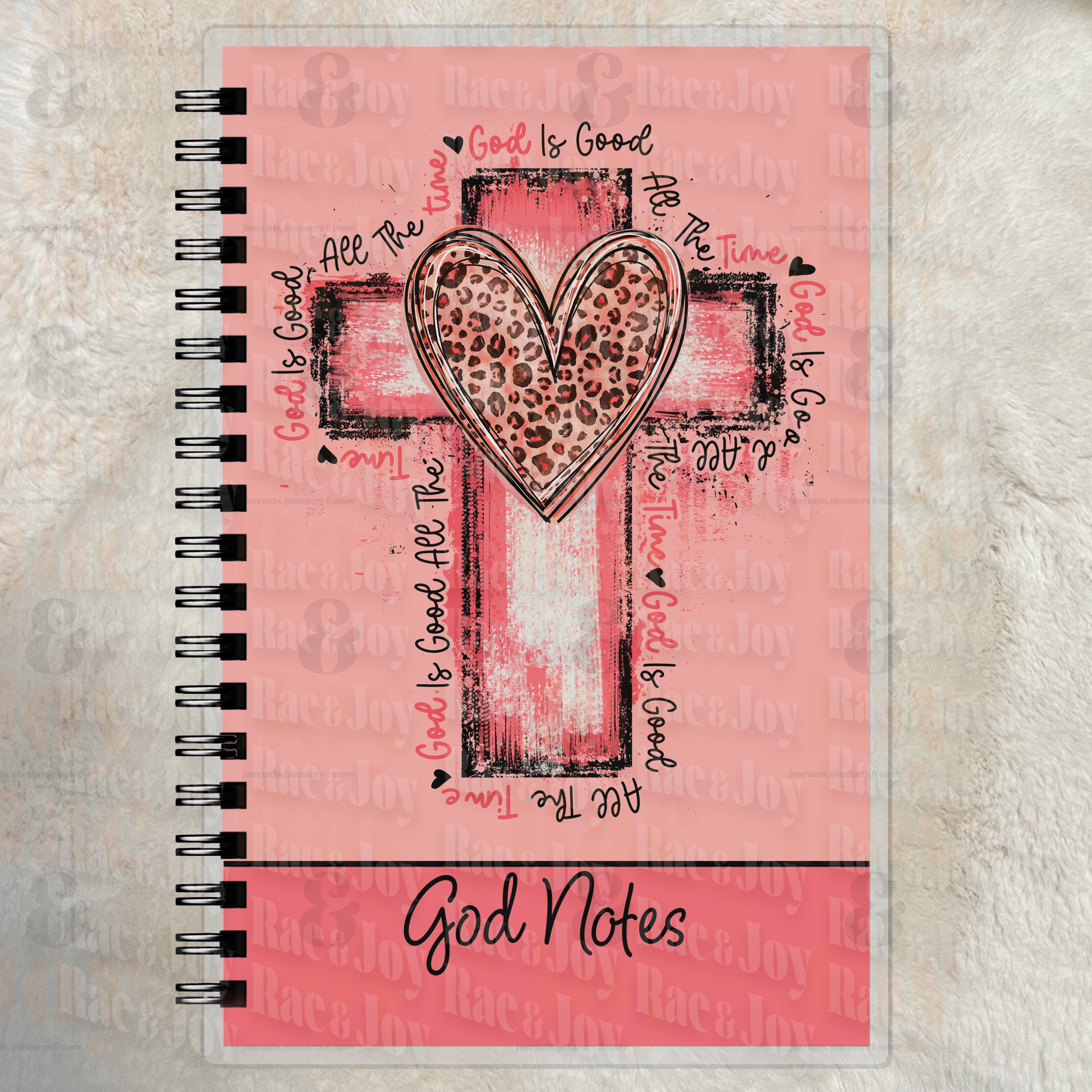 Personalized God Is Good Christian Journal – Salmon Pink Leopard Heart Cross Notebook, Faith Lined Journal with Name
