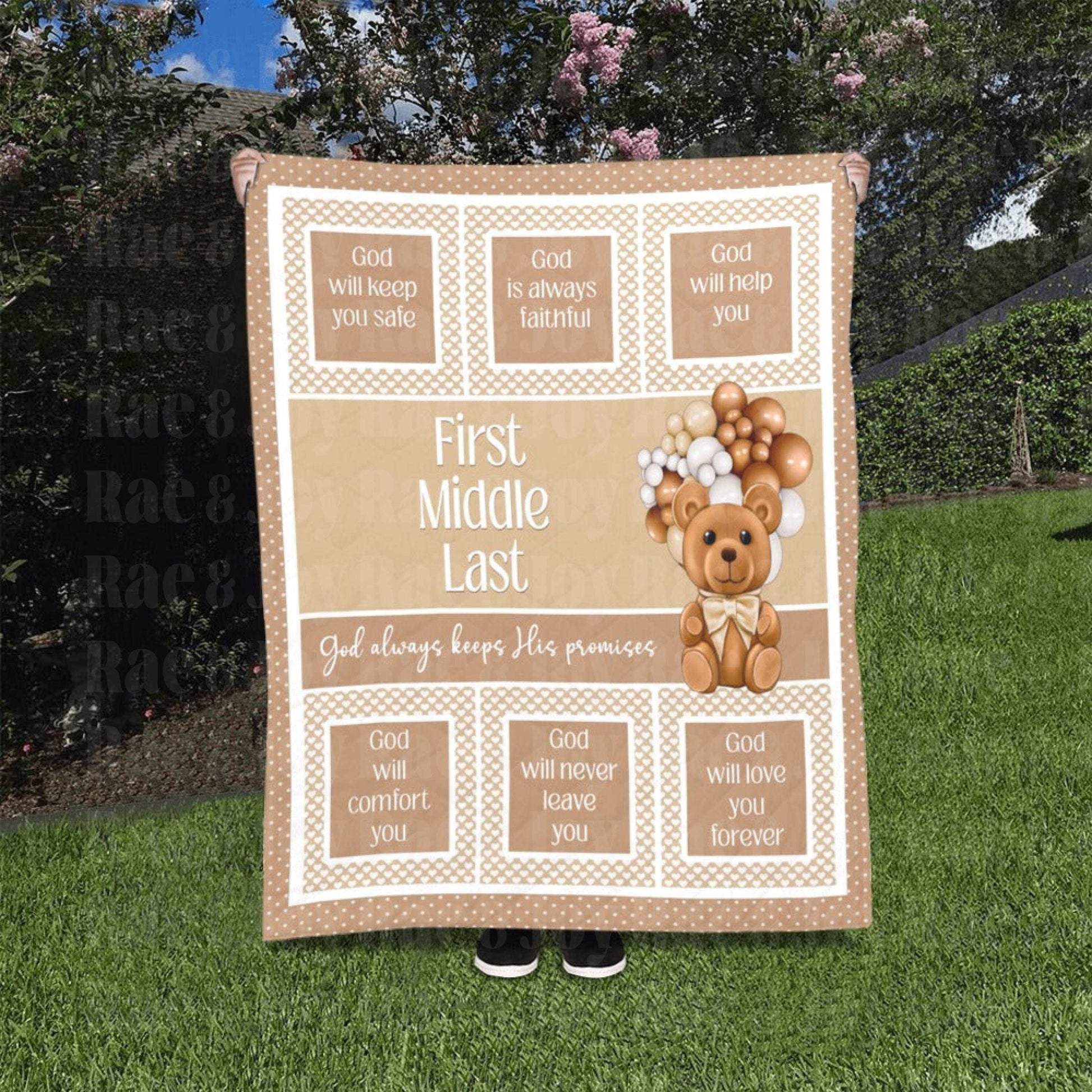 Personalized Gods Promises Baby Quilt 40X50 Bear Blue/Pink/Purple/Tan - Oh Baby! Collection